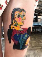 Today's favorite tattoo by LaFragile #LaFragile #favoritetattoos #favorite #besttattoos #tattooideas #newtattoo #tattooinspiration #cooltattoos #tattoodoapp #fineart #pablopicasso #color #painting #cubism #leg