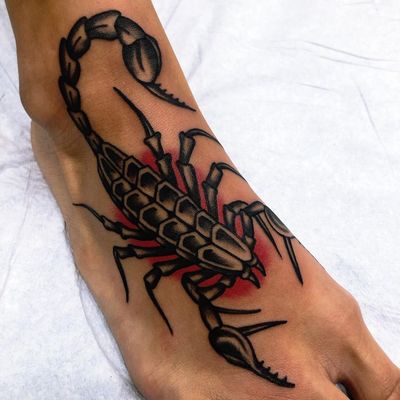 Foot tattoo by Matt Cannon #MattCannon #foottattoo #foottattoos #foot #feet #traditional #redink #scorpion