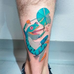 Today's favorite tattoo by Ame Security Blanket #AmeSecurityBlanket #favoritetattoos #favorite #besttattoos #tattooideas #newtattoo #tattooinspiration #cooltattoos #tattoodoapp #frog #nature #color #fun #leg