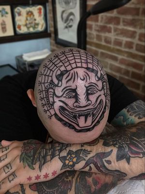 Today's favorite tattoo by Big Henry #BigHenry #favoritetattoos #favorite #besttattoos #tattooideas #newtattoo #tattooinspiration #cooltattoos #tattoodoapp #traditional #scalp #head #demon #devil #spiderweb