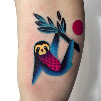 Today's favorite tattoo by Daria Stahp #DariaStahp #favoritetattoos #favorite #besttattoos #tattooideas #newtattoo #tattooinspiration #cooltattoos #tattoodoapp #color #modern #sloth #animal #nature #arm