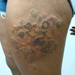 Illustrative tattoo by Katie Mcpayne #KatieMcpayne #illustrative #linework #queertattooer #vegantattoo #colortattoo #fineline #birminghamchurch #memorial #children #flowers #floral #dance #matisse #leg