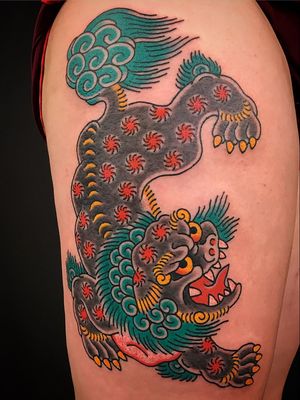 Japanese tattoo by Kiku #Kiku #japanesetattoo #japanese #irezumi #color #shishi #foodog #leg