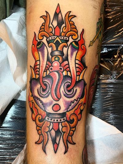 Buddhist tattoo by Robert Ryan #RobertRyan #buddhisttattoo #buddhatattoo #buddhism #buddha #enlightenment #meditation #easternreligion #dagger #skullcup #skull #fire #kapala #color #traditional