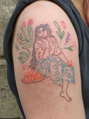 Illustrative tattoo by Katie Mcpayne #KatieMcpayne #illustrative #linework #queertattooer #vegantattoo #colortattoo #fineline #portrait #flowers #floral #stars #hearts #plant #arm