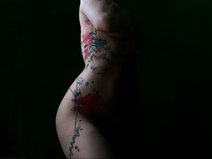 Colored abstract tattoo by Cavan Infante on Morgan English aka Tattrx #CavanInfante #MorganEnglish #Tattrx #tattoocollector #glitch #color #abstract #linework