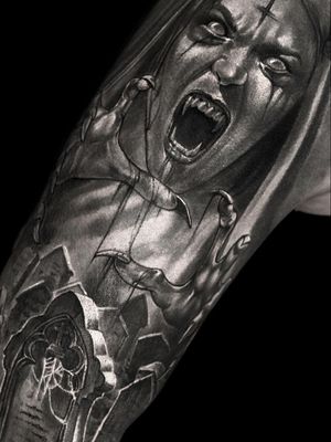 Horror tattoo by Elen Soul #ElenSoul #horrortattoos #horrortattoo #horror #darkart #evil #demon #darkness #death #blackandgrey #vampire #cathedral #blood #cemetary #portrait #upsidedowncross