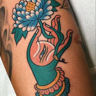 Mudra tattoo by Boshka Grygoriew #BoshkaGrygoriewAlvy #buddhisttattoo #buddhatattoo #buddhism #buddha #enlightenment #meditation #easternreligion #mudra #buddhaeye #flower #floral #color