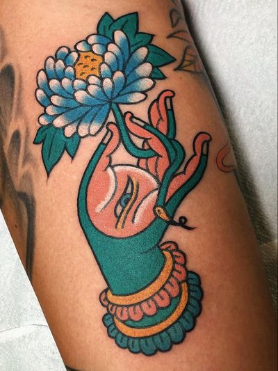 Mudra tattoo by Boshka Grygoriew #BoshkaGrygoriewAlvy #buddhisttattoo #buddhatattoo #buddhism #buddha #enlightenment #meditation #easternreligion #mudra #buddhaeye #flower #floral #color