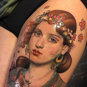Cherry blossom tattoo by Aimee Cornwell #AimeeCornwell #cherryblossomtattoos #cherryblossom #flowers #floral #nature #plant #cherryblossomtattoo #color #artnouveau #ladyhead #neotraditional #painterly #legtattoo