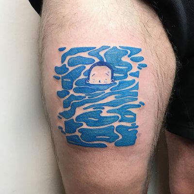 Illustrative tattoo by marianarcaceres #marianarcaceres #coverupsagainstabuse #coveruptattoos #coverup #tattoocommunity #tattooartist #illustrative #drawing #water #portrait #linework #color #blue #surreal
