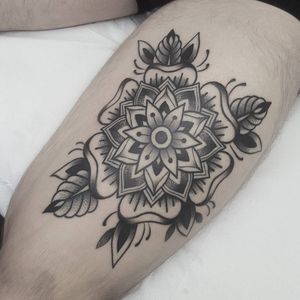 Mandala tattoo by Nikko Barber aka nikkotattooer #NikkoBarber #Nikkotattooer #Berlintattoo #tattooBerlin #traditional #AmericanTraditional #blackwork #oldschool #mandala #rose #flower #floral #dotwork #pattern