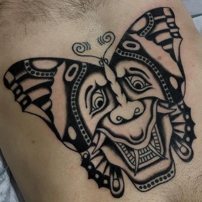Traditional tattoo by Enrico Grosso aka Henry Big #EnricoGrosso #HenryBig #traditional #americantraditional #trad #traditionaltattoo #blackwork #butterfly #devil #monster #face #stomach