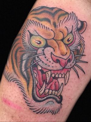 Tiger tattoo by Hanna Sandstrom #HannaSandstrom #DarkAgeSeattle #Seattle #tigertattoo #tiger #traditional #color #cat #junglecat