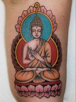 Buddha tattoo by Tony Talbert #TonyTalbert #buddhisttattoo #buddhatattoo #buddhism #buddha #enlightenment #meditation #easternreligion #traditional #lotus #portrait #arm