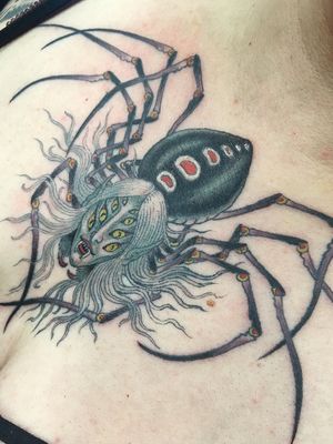 Spider tattoo by Hanna Sandstrom #HannaSandstrom #DarkAgeSeattle #Seattle #spider #yokai #demon #trippy #surreal #Japanese #illustrative #mashup