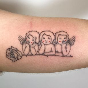 Cherub tattoos by Hannah Uribe #HannahUribe #coverupsagainstabuse #coveruptattoos #coverup #tattoocommunity #tattooartist #cherubs #angels #rose #flower #floral #illustrative #arm