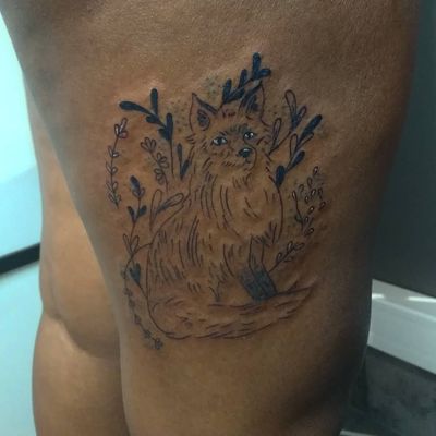 Illustrative tattoo by Katie Mcpayne #KatieMcpayne #illustrative #linework #queertattooer #vegantattoo #colortattoo #fineline #fox #animal #flower #floral #plant #leg