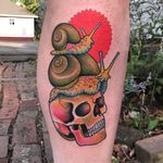 Snail tattoo by Annie Burkhard #AnnieBurkhard #snailtattoo #snailtattoos #snail #nature #animal #newschool #color #skull #death #lowerleg