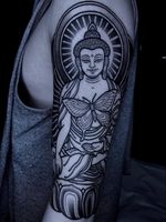Buddha tattoo by Savannah Colleen #SavannahColleen #buddhisttattoo #buddhatattoo #buddhism #buddha #enlightenment #meditation #easternreligion #blackwork #linework #dotwork #butterfly #portrait #arm
