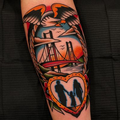 Heart tattoo by Samuele Briganti #SamueleBriganti #hearttatotos #hearttattoo #hearts #heart #love #traditional #color #family #eagle #rope #frame #flower #bridge #arm