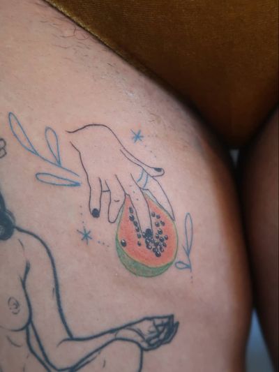 Illustrative tattoo by Katie Mcpayne #KatieMcpayne #illustrative #linework #queertattooer #vegantattoo #colortattoo #fineline #fruit #food #hand #floral #leg