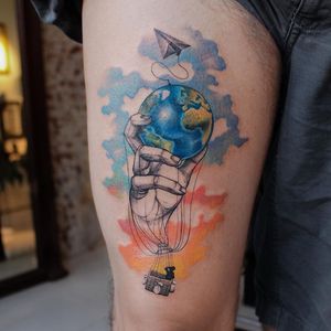 Watercolor Tattoo by Deborah Genchi #watercolortattoo #watercolor #fineart #painting #color #airballoon #globe #hand