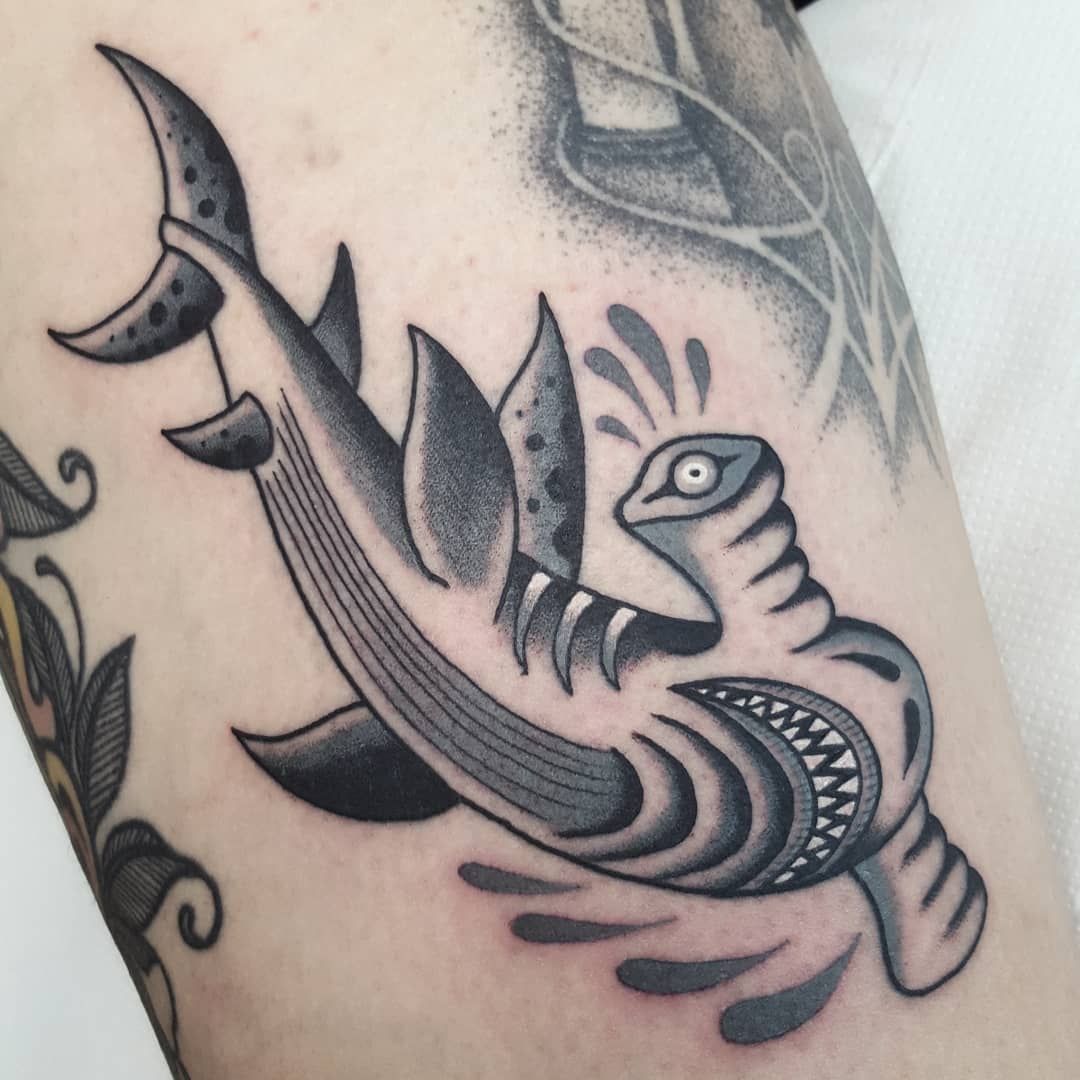 Lil traditional shark added to my leg by Vojta Balej in Prague CZ  trying  to fit in what I can before going bask to teaching  rtraditionaltattoos