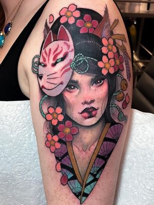 Cherry blossom tattoo by Hannah Flowers #HannahFlowers #cherryblossomtattoos #cherryblossom #flowers #floral #nature #plant #cherryblossomtattoo #neotraditional #kitsune #fox #mask #geisha #japanese #ladyhead