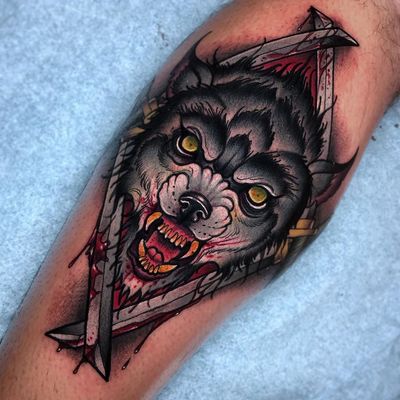Wolf tattoo by Ick Abrams #IckAbrams #wolftattoo #wolftattoos #wolf #animal #nature #wolves #neotraditional #newschool #mashup #blood #swords #color #leg #neotraditionalwolftattoo