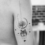 Wolf tattoo by Ali Anil Ercel #AliAnilErcel #wolftattoo #wolftattoos #wolf #animal #nature #wolves #linework #dotwork #moonphases #tree #sacredgeometry #geometric #illustrativewolftattoo #arm