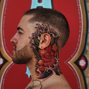 Tattoo by Jaylind Hamilton #JaylindHamilton #jaybaby #japanese #neotraditional #japanesetattoo #illustrative #qpocttt #peony #flower #floral #necktattoo #scalptattoo #waves #colortattoo #blackandgrey
