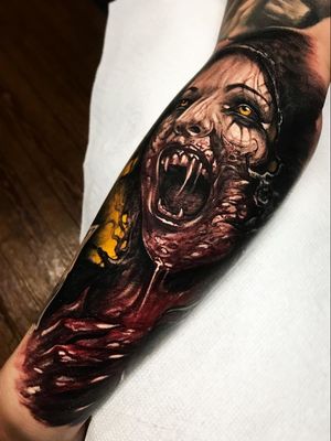 Horror tattoo by Brandon Herrera #BrandonHerrera #horrortattoos #horrortattoo #horror #darkart #evil #demon #darkness #death #vampire #color #blood #armtattoo