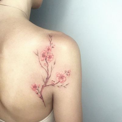 Cherry blossom tattoo by Faith Odabas #FaithOdabas #cherryblossomtattoos #cherryblossom #flowers #floral #nature #plant #cherryblossomtattoo #fineline #illustrative #color #branch #shoulder