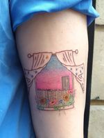 Illustrative tattoo by Katie Mcpayne #KatieMcpayne #illustrative #linework #queertattooer #vegantattoo #colortattoo #fineline #cityscape #window #stars #flower #floral #sunset #sunrise