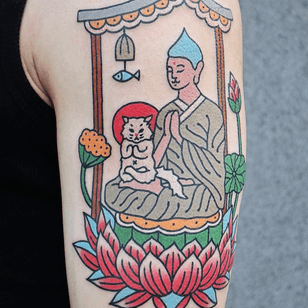 Buddha tattoo by Kim Sany #KimSany #buddhisttattoo #buddhatattoo #buddhism #buddha #enlightenment #meditation #easternreligion #lotus #kitty #cat #arm #color