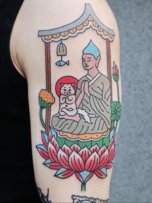 Buddha tattoo by Kim Sany #KimSany #buddhisttattoo #buddhatattoo #buddhism #buddha #enlightenment #meditation #easternreligion #lotus #kitty #cat #arm #color