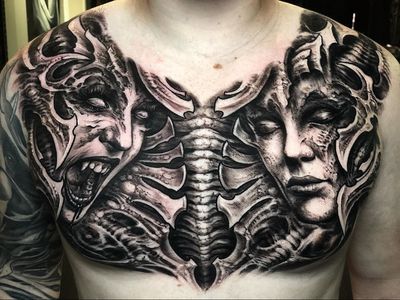 Horror tattoo by Jeremiah Barba #JeremiahBarba #horrortattoos #horrortattoo #horror #darkart #evil #demon #darkness #death #blackandgrey #biomechanical #chesttattoo #chestpiece #portrait #vampire
