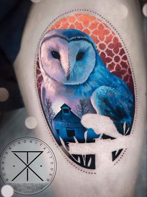 Owl tattoo by Chris Rigoni #ChrisRigoni #tattooartist #tattoodo #tattoodoapp #awesometattoo #besttattoo #realism #realistic #owl #barn #nature #landscape #silhouette #bird #animal #nature #color #leg