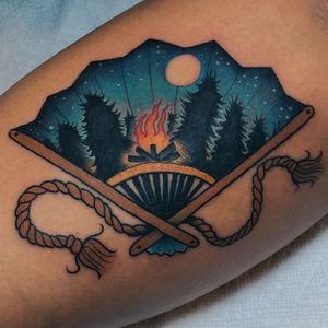 Tattoo by Jaylind Hamilton #JaylindHamilton #jaybaby #japanese #neotraditional #japanesetattoo #illustrative #qpocttt #fantattoo #campfire #forest #japanesefan #fan #fire #camping #nature #armtattoo