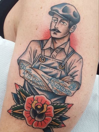 Workin' man tattoo by Nikko Barber aka nikkotattooer #NikkoBarber #Nikkotattooer #Berlintattoo #tattooBerlin #traditional #AmericanTraditional #color #oldschool #tattooedtattoo #rose #man #worker #bluecollar