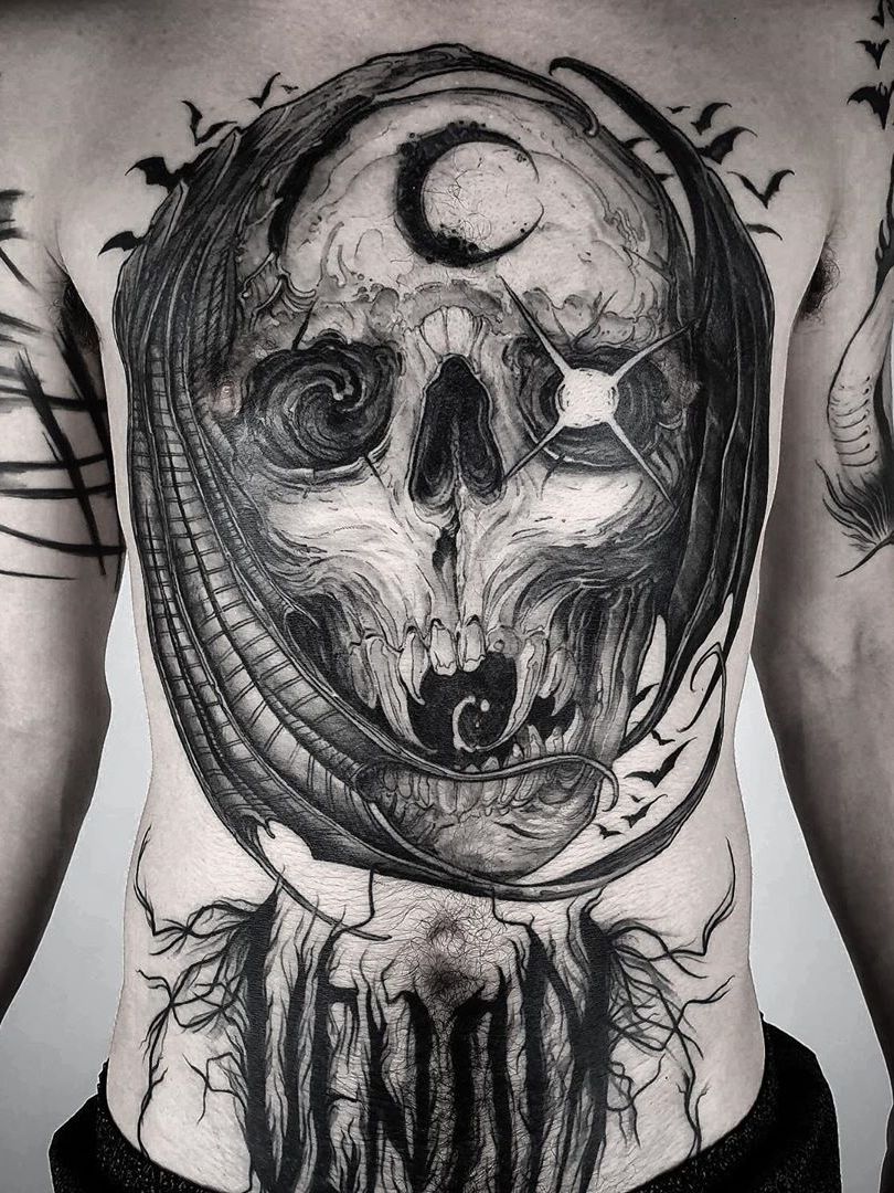 Heavy metal bat winged skull biker tattoo poster Vector Image