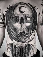 Horror tattoo by Leny Tusfey #LenyTusfey #horrortattoos #horrortattoo #horror #darkart #evil #demon #darkness #death #blackandgrey #illustrative #skull #bat #chesttattoo #chestpiece #moon #star