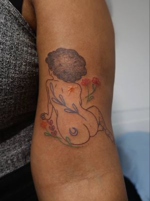 Illustrative tattoo by Katie Mcpayne #KatieMcpayne #illustrative #linework #queertattooer #vegantattoo #colortattoo #fineline #body #moon #star #flower #floral #plant #arm