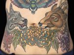 Stomach tattoo by Hanna Sandstrom #HannaSandstrom #DarkAgeSeattle #Seattle #Japanese #traditional #mashup #wolf #deer #antlers #chrysanthemum #flowers #floral #color #animal #nature #stomach