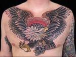 Eagle tattoo by Hanna Sandstrom #HannaSandstrom #DarkAgeSeattle #Seattle #traditional #eagle #wings #feathers #skull #color #traditionaltattoo #chesttattoo #chestpiece