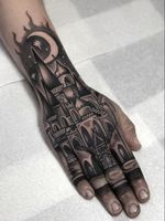 Hand tattoo by Heidi Furey #HeidiFurey #tattooideas #tattooidea #tattooinspiration #tattoodesign #tattoodesignidea #tattooinspo #illustrative #castle #handtattoo #moon #stars