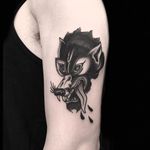 Wolf tattoo by Derick Montez #DerickMontez #wolftattoo #wolftattoos #wolf #animal #nature #wolves #traditional #traditionalwolftattoo #blackwork #blackworkwolftattoo #arm