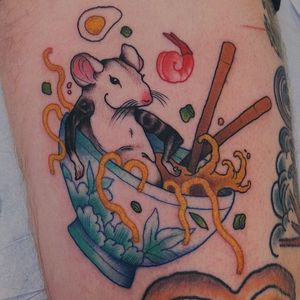 Tattoo by Jaylind Hamilton #JaylindHamilton #jaybaby #japanese #neotraditional #japanesetattoo #illustrative #qpocttt #tattooedtattoo #ramen #noodles #chopsticks #foodtattoo #colortattoo #mouse #rat #legtattoo