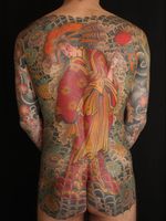 Japanese bodysuit by Stewart Robson #StewartRobson #japanesetattoo #japanese #irezumi #color #geisha #spiderweb #flower #floral #smoke #parasol #oiran #backtattoo #backpiece #bodysuit #cherryblossoms